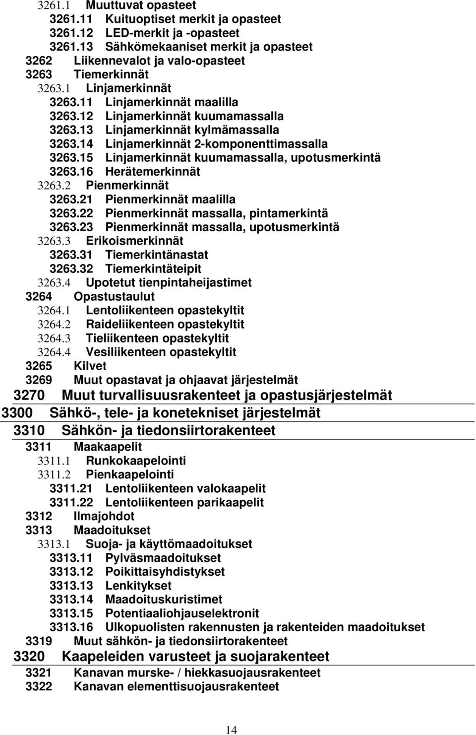 15 Linjamerkinnät kuumamassalla, upotusmerkintä 3263.16 Herätemerkinnät 3263.2 Pienmerkinnät 3263.21 Pienmerkinnät maalilla 3263.22 Pienmerkinnät massalla, pintamerkintä 3263.