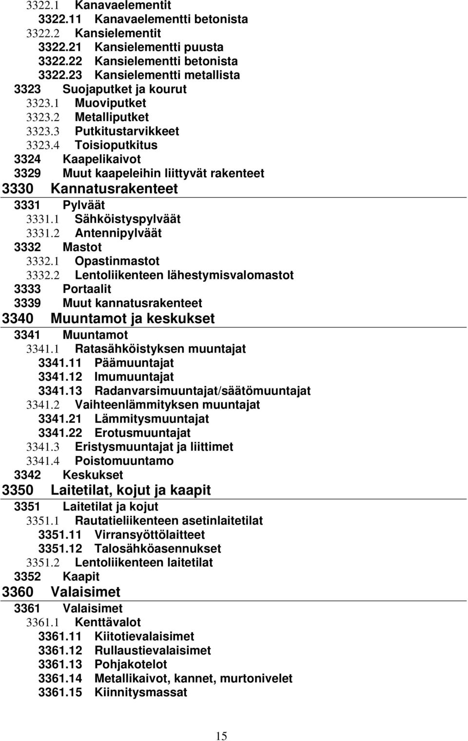 4 Toisioputkitus 3324 Kaapelikaivot 3329 Muut kaapeleihin liittyvät rakenteet 3330 Kannatusrakenteet 3331 Pylväät 3331.1 Sähköistyspylväät 3331.2 Antennipylväät 3332 Mastot 3332.1 Opastinmastot 3332.