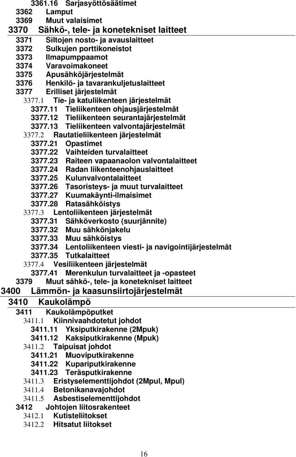 12 Tieliikenteen seurantajärjestelmät 3377.13 Tieliikenteen valvontajärjestelmät 3377.2 Rautatieliikenteen järjestelmät 3377.21 Opastimet 3377.22 Vaihteiden turvalaitteet 3377.