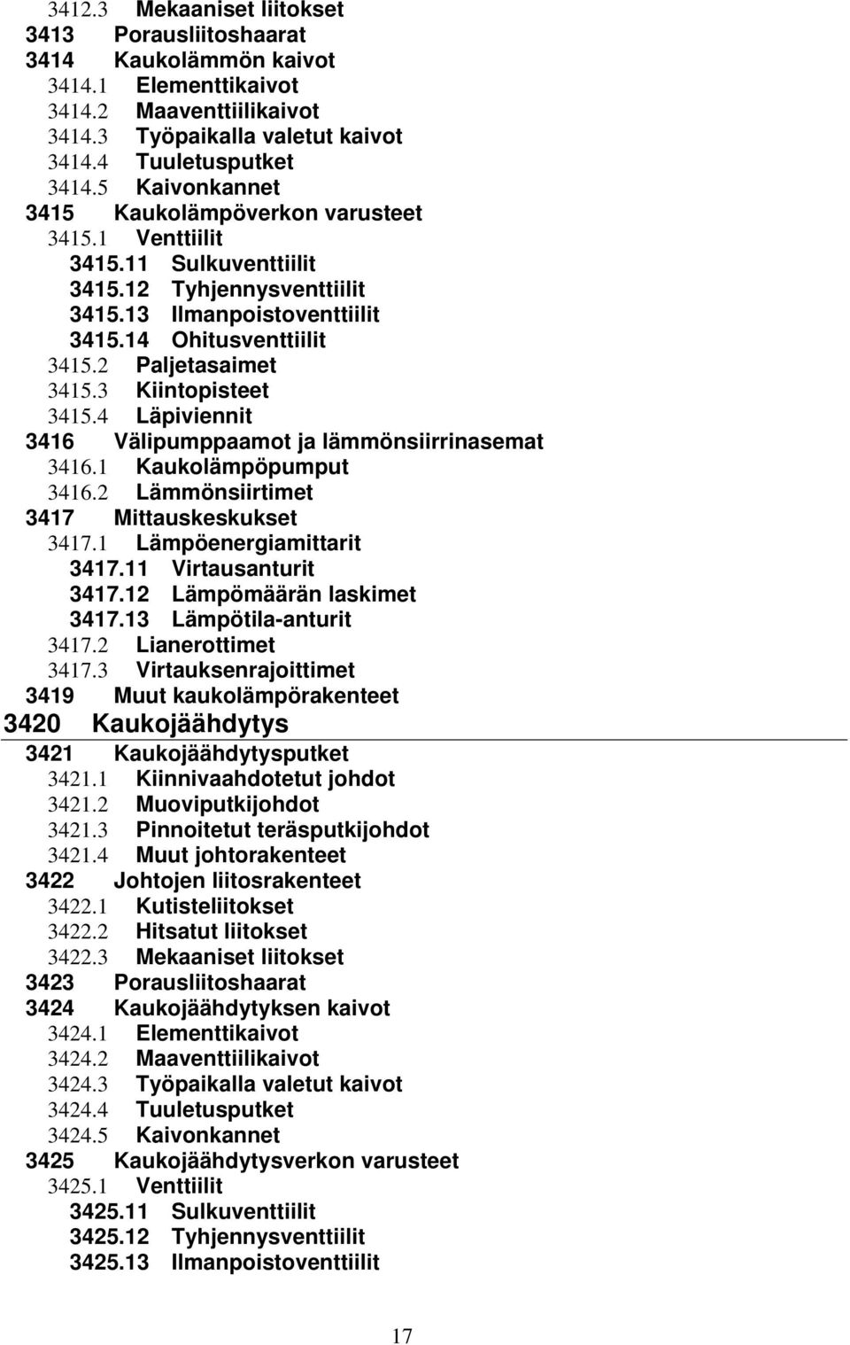 3 Kiintopisteet 3415.4 Läpiviennit 3416 Välipumppaamot ja lämmönsiirrinasemat 3416.1 Kaukolämpöpumput 3416.2 Lämmönsiirtimet 3417 Mittauskeskukset 3417.1 Lämpöenergiamittarit 3417.