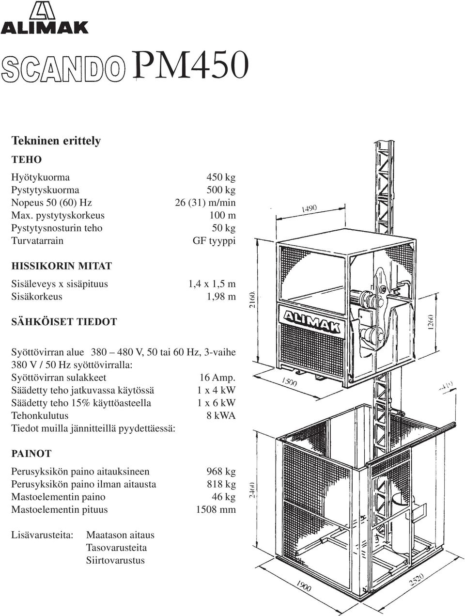 TIEDOT Syöttövirran alue 380 480 V, 50 tai 60 Hz, 3-vaihe 380 V / 50 Hz syöttövirralla: Syöttövirran sulakkeet 16 Amp.