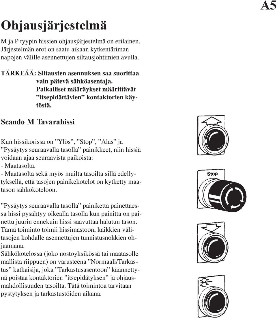 Scando M Tavarahissi Kun hissikorissa on Ylös, Stop, Alas ja Pysäytys seuraavalla tasolla painikkeet, niin hissiä voidaan ajaa seuraavista paikoista: - Maatasolta.