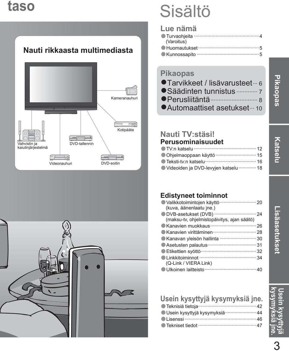 Perusominaisuudet TV:n katselu 12 Ohjelmaoppaan käyttö 15 Teksti-tv:n katselu 16 Videoiden ja DVD-levyjen katselu 18 Edistyneet toiminnot Valikkotoimintojen käyttö 20 (kuva, äänenlaatu jne.