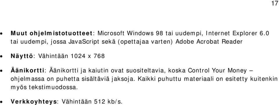 768 Äänikortti: Äänikortti ja kaiutin ovat suositeltavia, koska Control Your Money ohjelmassa on