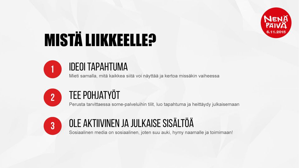 missäkin vaiheessa 2 Tee pohjatyöt Perusta tarvittaessa some-palveluihin tilit,