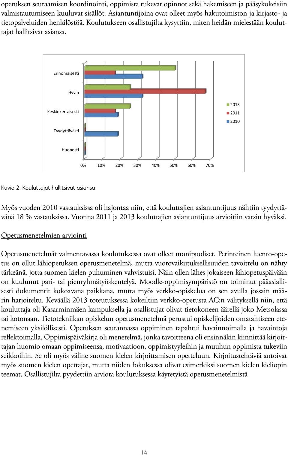 12 Erinomaisesti Hyvin Keskinkertaisesti Tyydyttävästi 2013 2011 2010 Huonosti 0% 10% 20% 30% 40% 50% 60% 70% Kuvio 2. Kouluttajat hallitsivat asiansa Kuvio 2.