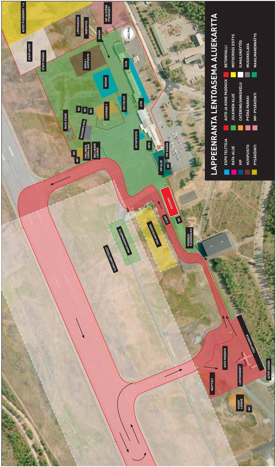 RATA-ALUE ILMAILUNÄYTÖS CATERING/ANNISKELU VIP MUSIIKKILAVA PYÖRÄ PARKKI HUVIPUISTO MAAILMANENNÄTYS MP- PYSÄKÖINTI PYSÄKÖINTI KAT KATSOMO FMX MOTOCROSS AUTOT SISÄÄN START