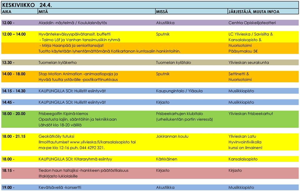 käytetään lyhentämättömänä Kotikartanon kuntosalin hankintoihin. Pääsymaksu 5 13.30 - Tuomelan kyläkerho Tuomelan kylätalo Ylivieskan seurakunta 14.00-18.