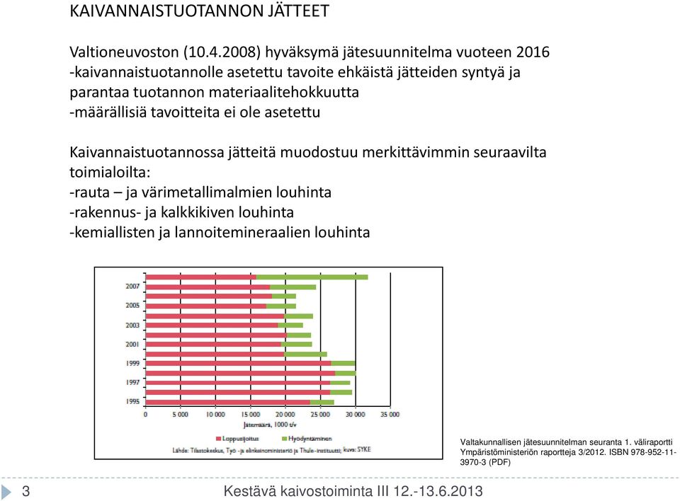 materiaalitehokkuutta -määrällisiä tavoitteita ei ole asetettu Kaivannaistuotannossa jätteitä muodostuu merkittävimmin seuraavilta