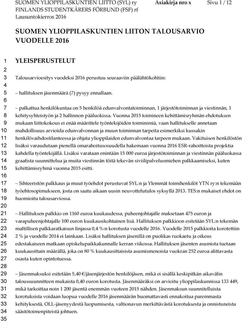 palkattua henkilökuntaa on 5 henkilöä edunvalvontatoiminnan, 1 järjestötoiminnan ja viestinnän, 1 kehitysyhteistyön ja 2 hallinnon pääluokissa.