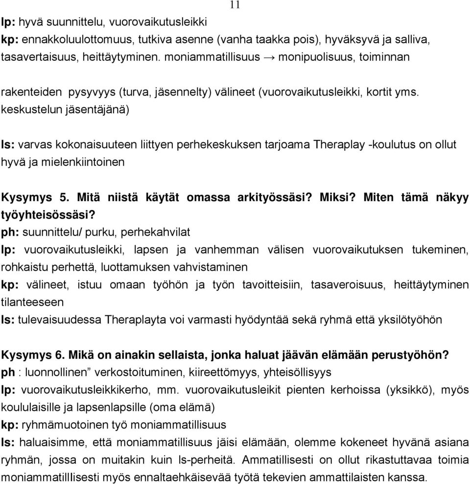 keskustelun jäsentäjänä) ls: varvas kokonaisuuteen liittyen perhekeskuksen tarjoama Theraplay -koulutus on ollut hyvä ja mielenkiintoinen Kysymys 5. Mitä niistä käytät omassa arkityössäsi? Miksi?