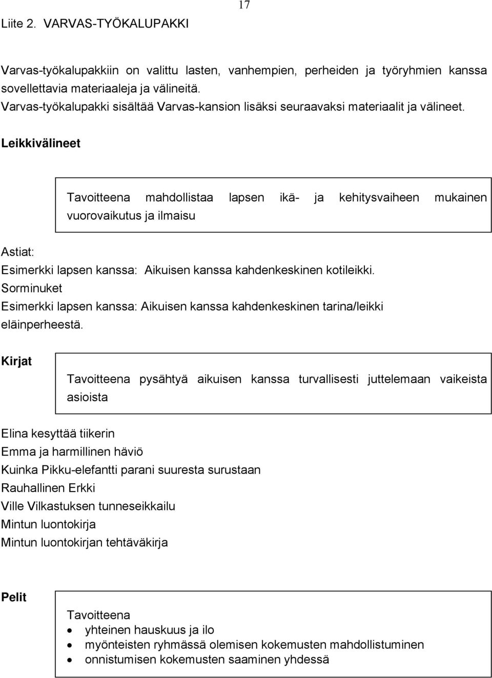 Leikkivälineet Tavoitteena mahdollistaa lapsen ikä- ja kehitysvaiheen mukainen vuorovaikutus ja ilmaisu Astiat: Esimerkki lapsen kanssa: Aikuisen kanssa kahdenkeskinen kotileikki.