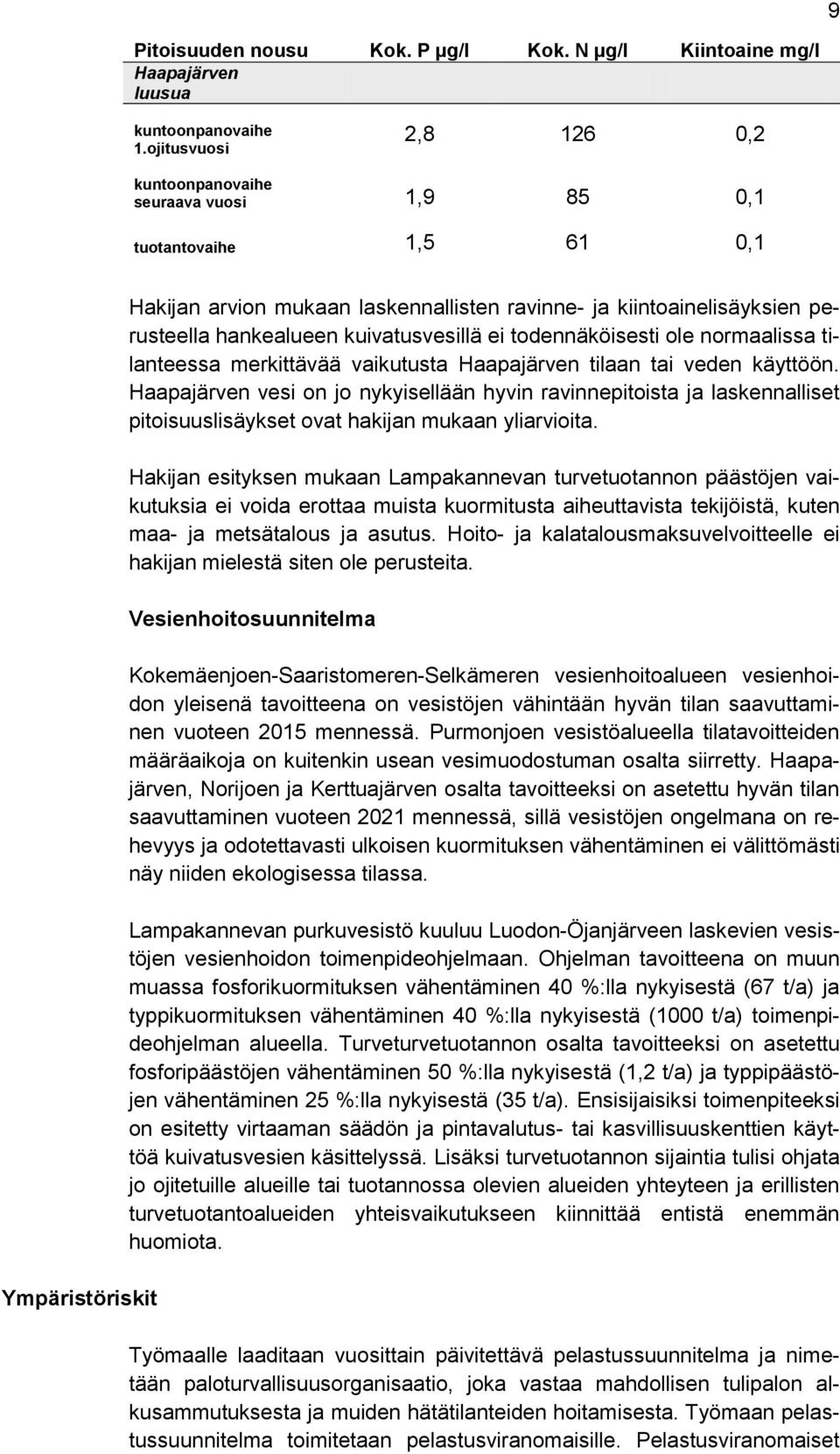 hankealueen kuivatusvesillä ei todennäköisesti ole normaalissa tilanteessa merkittävää vaikutusta Haapajärven tilaan tai veden käyttöön.