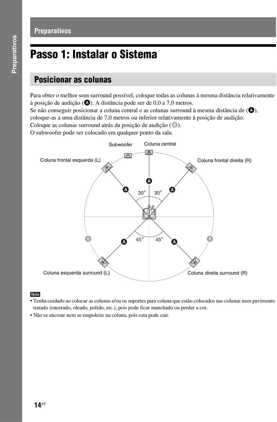 Se não conseguir posicionar a coluna central e as colunas surround à mesma distância de (A), coloque-as a uma distância de 7,0 metros ou inferior relativamente à posição de audição.