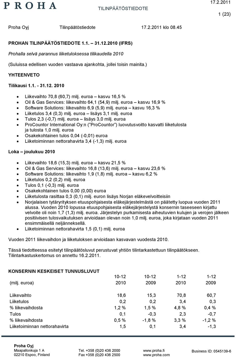 2010 Liikevaihto 70,8 (60,7) milj. euroa kasvu 16,5 % Oil & Gas Services: liikevaihto 64,1 (54,9) milj. euroa kasvu 16,9 % Software Solutions: liikevaihto 6,9 (5,9) milj.