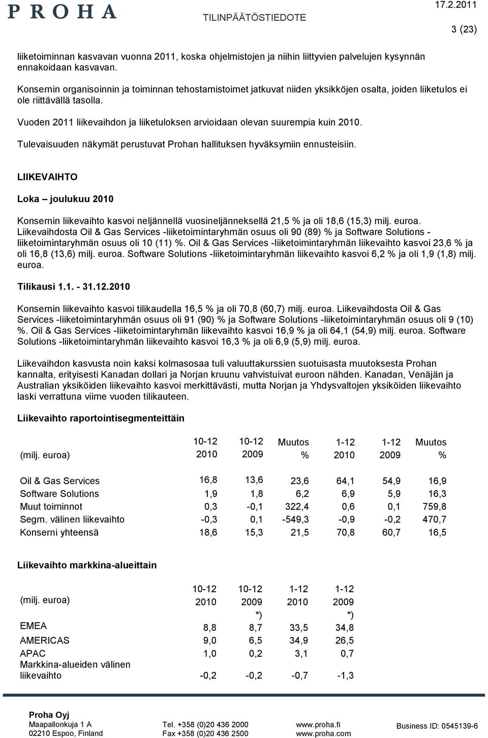 Vuoden 2011 liikevaihdon ja liiketuloksen arvioidaan olevan suurempia kuin 2010. Tulevaisuuden näkymät perustuvat Prohan hallituksen hyväksymiin ennusteisiin.