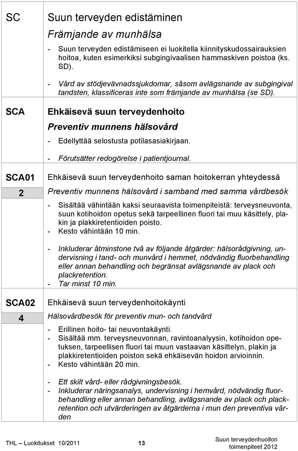 SCA Ehkäisevä suun terveydenhoito Preventiv munnens hälsovård - Edellyttää selostusta potilasasiakirjaan. - Förutsätter redogörelse i patientjournal.