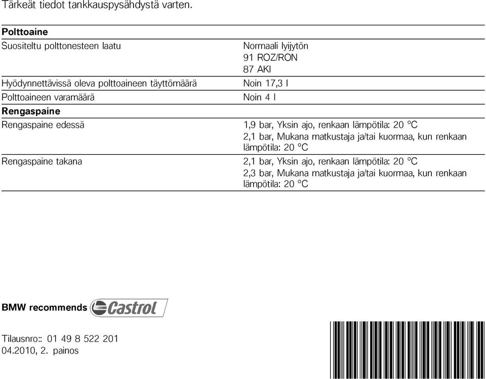 ROZ/RON 87 AKI Noin 17,3 l Noin 4 l Rengaspaine edessä 1,9 bar, Yksin ajo, renkaan lämpötila: 20 C 2,1 bar, Mukana matkustaja ja/tai kuormaa, kun