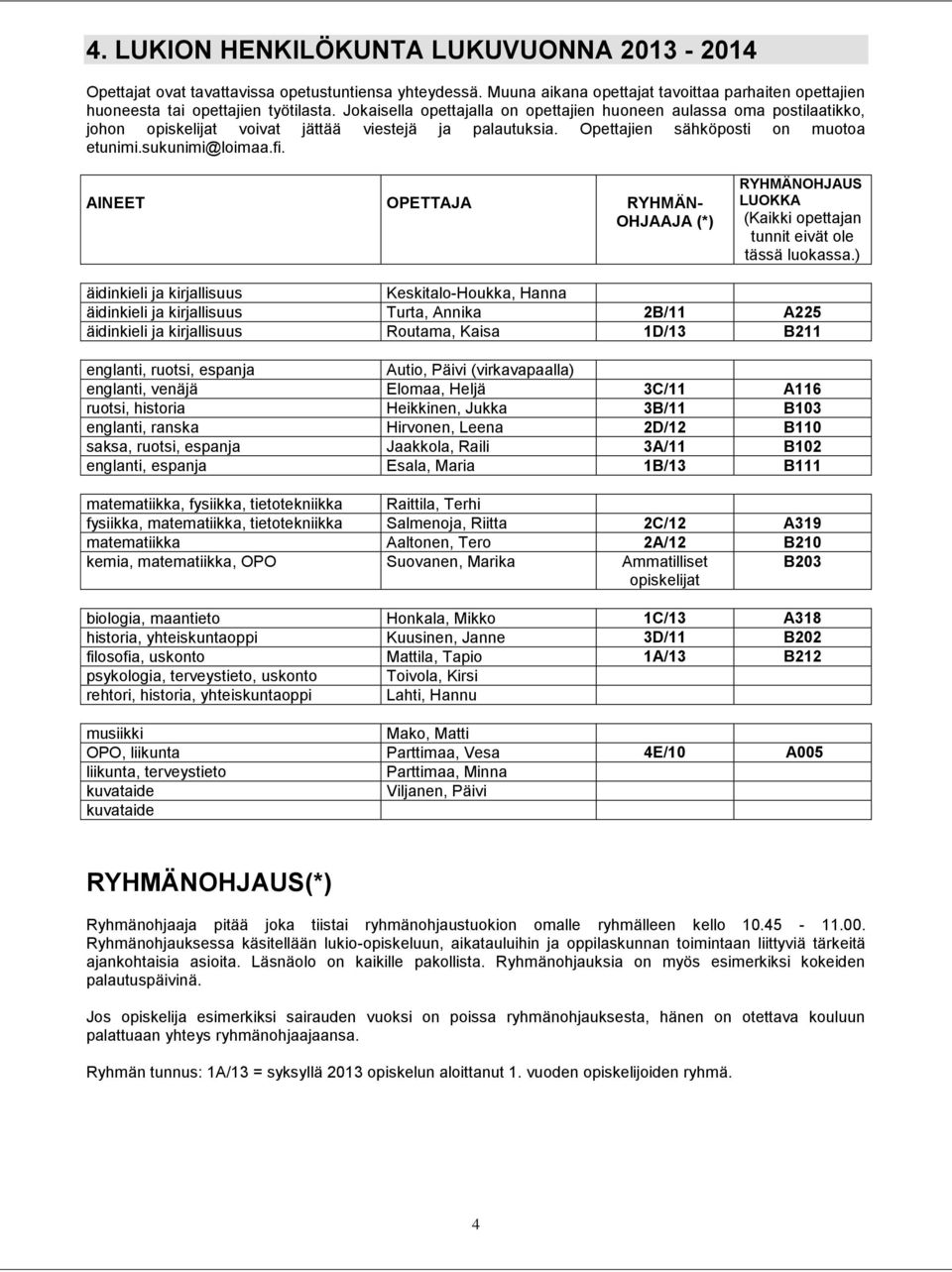 AINEET OPETTAJA RYHMÄN- OHJAAJA (*) RYHMÄNOHJAUS LUOKKA (Kaikki opettajan tunnit eivät ole tässä luokassa.