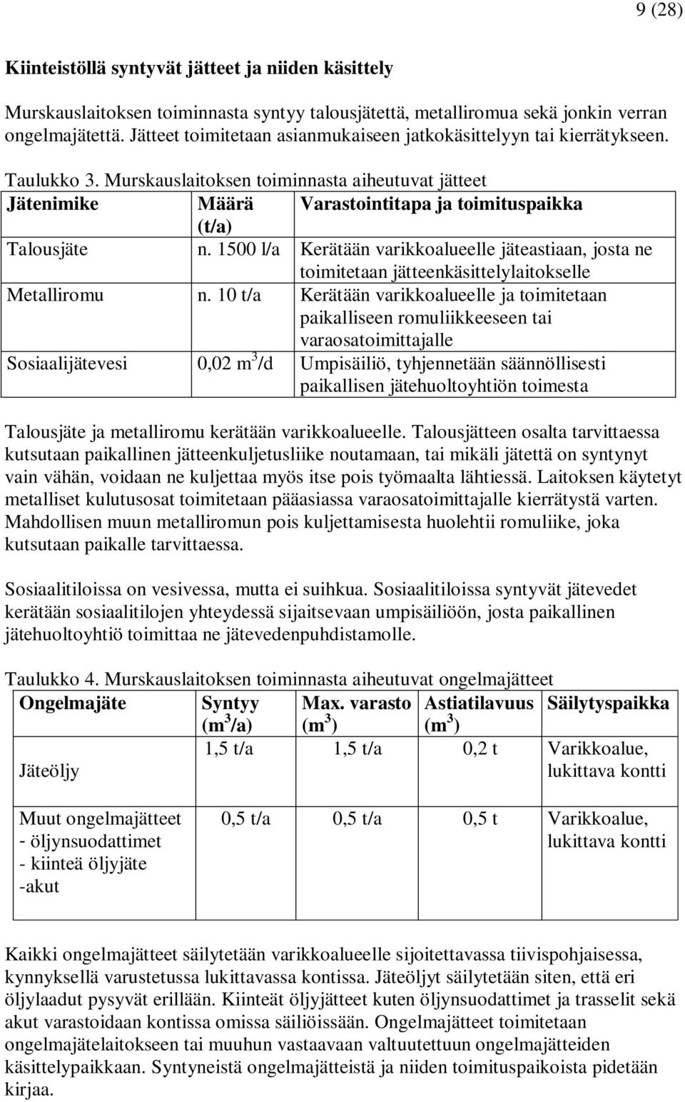 Murskauslaitoksen toiminnasta aiheutuvat jätteet Jätenimike Määrä Varastointitapa ja toimituspaikka (t/a) Talousjäte n.