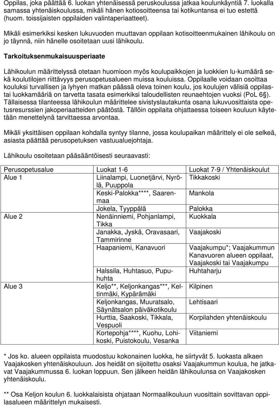 Tarkoituksenmukaisuusperiaate Lähikoulun määrittelyssä otetaan huomioon myös koulupaikkojen ja luokkien lu-kumäärä sekä koulutilojen riittävyys perusopetusalueen muissa kouluissa.