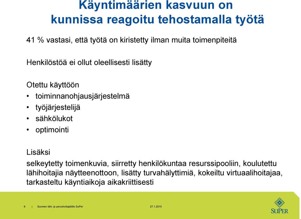 sähkölukot optimointi Lisäksi selkeytetty toimenkuvia, siirretty henkilökuntaa resurssipooliin, koulutettu