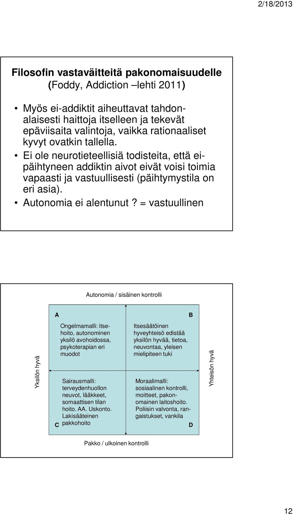 = vastuullinen Autonomia / sisäinen kontrolli A B Yksilön hyvä C Ongelmamalli: itsehoito, autonominen yksilö avohoidossa, psykoterapian eri muodot Sairausmalli: terveydenhuollon neuvot, lääkkeet,