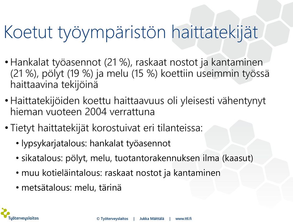 vuoteen 2004 verrattuna Tietyt haittatekijät korostuivat eri tilanteissa: lypsykarjatalous: hankalat työasennot