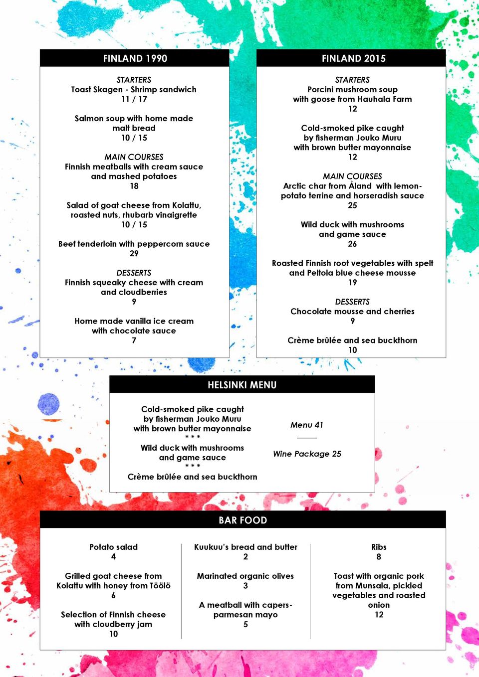 with chocolate sauce 7 STARTERS Porcini mushroom soup with goose from Hauhala Farm 12 Cold-smoked pike caught by fisherman Jouko Muru with brown butter mayonnaise 12 MAIN COURSES Arctic char from