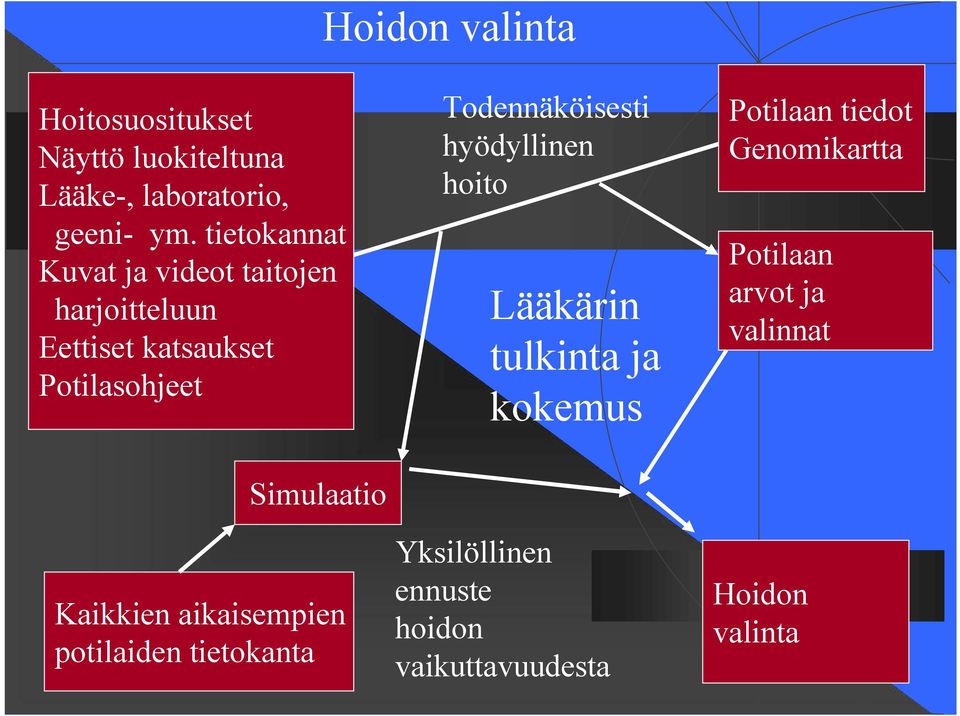 Kaikkien aikaisempien potilaiden tietokanta Todennäköisesti hyödyllinen hoito Lääkärin tulkinta ja