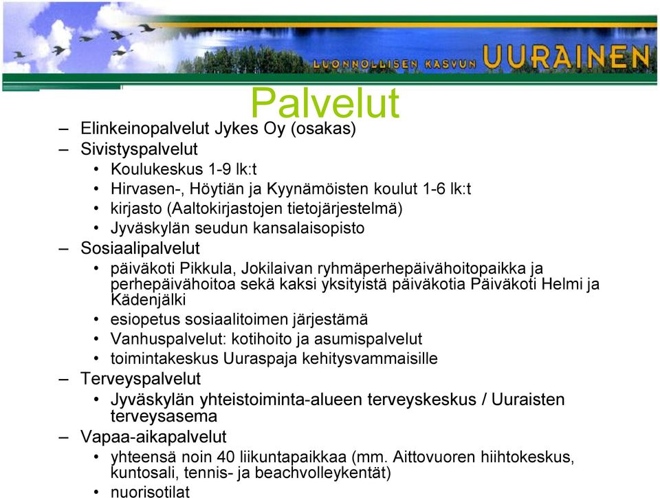 Kädenjälki esiopetus sosiaalitoimen järjestämä Vanhuspalvelut: kotihoito ja asumispalvelut toimintakeskus Uuraspaja kehitysvammaisille Terveyspalvelut Jyväskylän