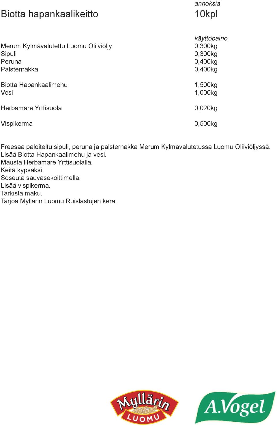 Kylmävalutetussa Luomu Oliiviöljyssä. Lisää Biotta Hapankaalimehu ja vesi. Mausta lla.