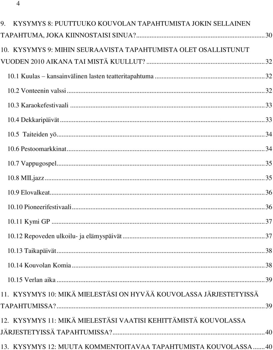 .. 33 10.4 Dekkaripäivät... 33 10.5 Taiteiden yö... 34 10.6 Pestoomarkkinat... 34 10.7 Vappugospel... 35 10.8 MILjazz... 35 10.9 Elovalkeat... 36 10.10 Pioneerifestivaali... 36 10.11 Kymi GP... 37 10.