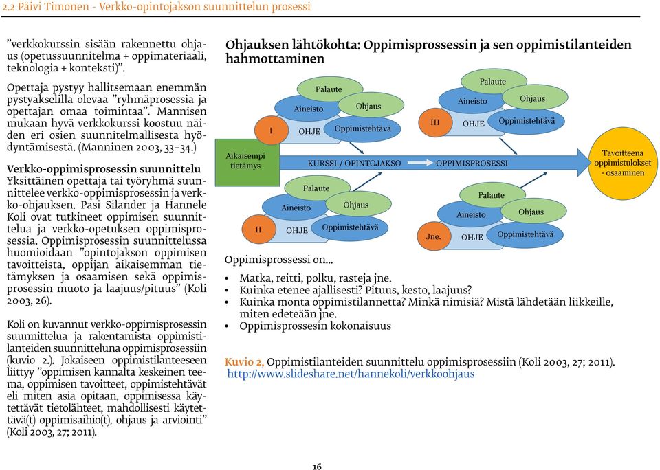 (Manninen 2003, 33 34.) Verkko-oppimisprosessin suunnittelu Yksittäinen opettaja tai työryhmä suunnittelee verkko-oppimisprosessin ja verkko-ohjauksen.