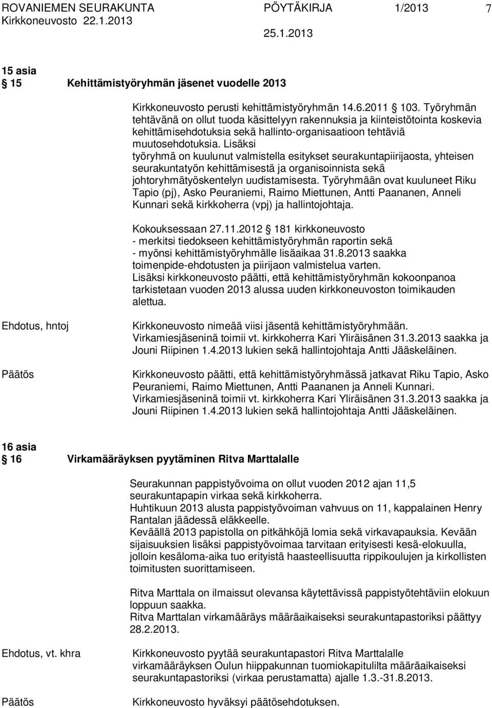 Lisäksi työryhmä on kuulunut valmistella esitykset seurakuntapiirijaosta, yhteisen seurakuntatyön kehittämisestä ja organisoinnista sekä johtoryhmätyöskentelyn uudistamisesta.