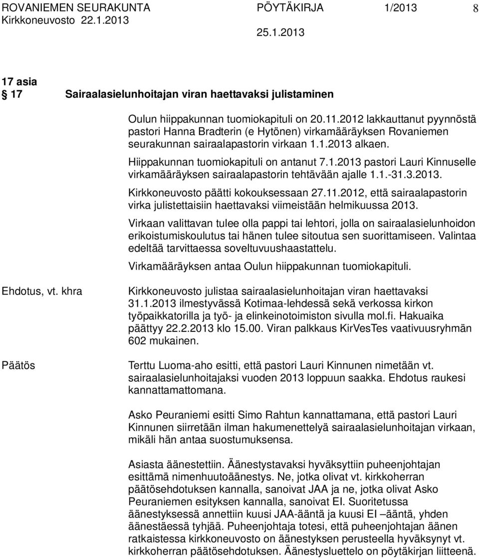 1.-31.3.2013. Kirkkoneuvosto päätti kokouksessaan 27.11.2012, että sairaalapastorin virka julistettaisiin haettavaksi viimeistään helmikuussa 2013.