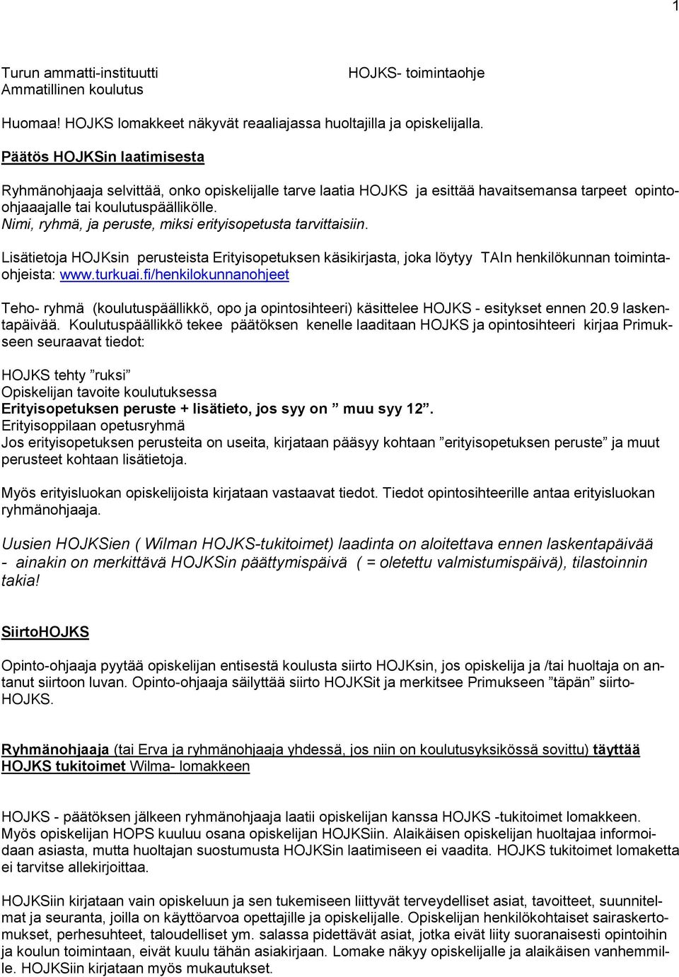 Nimi, ryhmä, ja peruste, miksi erityisopetusta tarvittaisiin. Lisätietoja HOJKsin perusteista Erityisopetuksen käsikirjasta, joka löytyy TAIn henkilökunnan toimintaohjeista: www.turkuai.