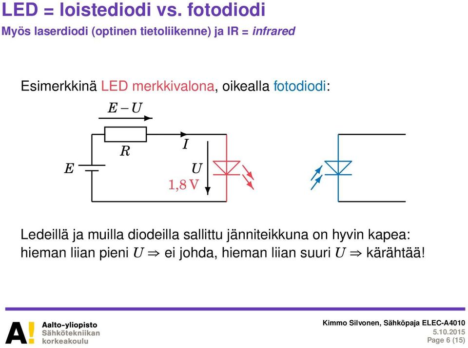 Esimerkkinä LED merkkivalona, oikealla fotodiodi: E U E R I U 1,8 V