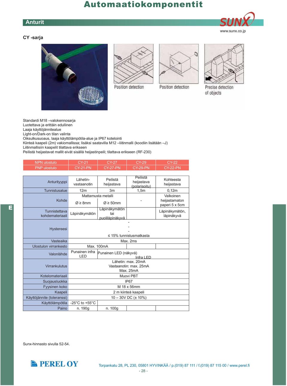 erikseen (RF-230) NPN ulostulo CY-21 CY-27 CY-29 CY-22 PNP ulostulo CY-21-PN CY-27-PN CY-29-PN CY-22-PN yyppi Lähetinvastaanotin Peilistä heijastava Peilistä heijastava (polarisoitu) Kohteesta