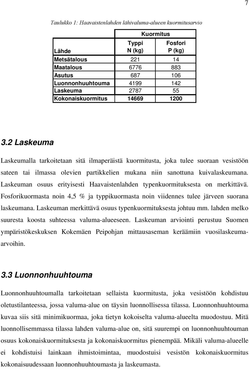 2 Laskeuma Laskeumalla tarkoitetaan sitä ilmaperäistä kuormitusta, joka tulee suoraan vesistöön sateen tai ilmassa olevien partikkelien mukana niin sanottuna kuivalaskeumana.