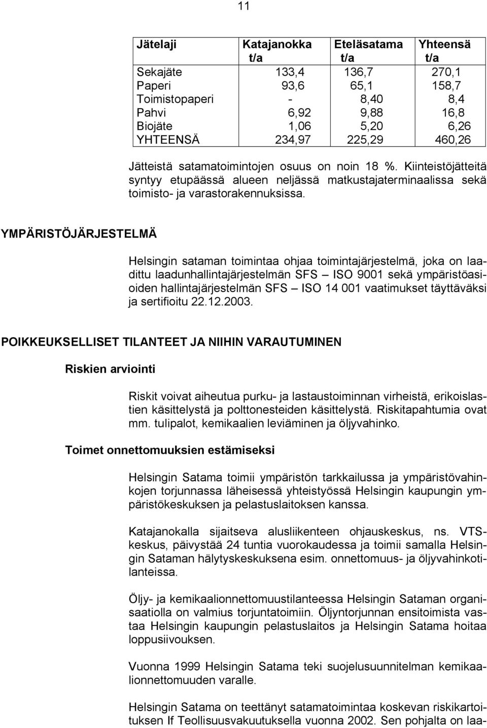 YMPÄRISTÖJÄRJESTELMÄ Helsingin sataman toimintaa ohjaa toimintajärjestelmä, joka on laadittu laadunhallintajärjestelmän SFS ISO 9001 sekä ympäristöasioiden hallintajärjestelmän SFS ISO 14 001