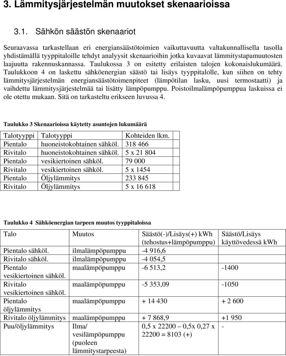 lämmitystapamuutosten laajuutta rakennuskannassa. Taulukossa 3 on esitetty erilaisten talojen kokonaislukumäärä.