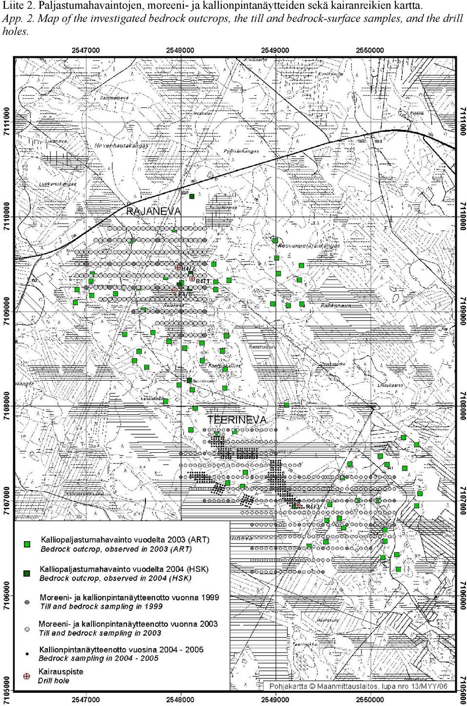 kallionpintanäytteiden sekä kairanreikien kartta.