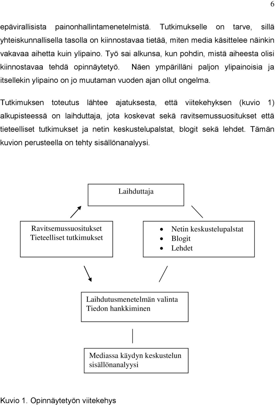 Tutkimuksen toteutus lähtee ajatuksesta, että viitekehyksen (kuvio 1) alkupisteessä on laihduttaja, jota koskevat sekä ravitsemussuositukset että tieteelliset tutkimukset ja netin keskustelupalstat,