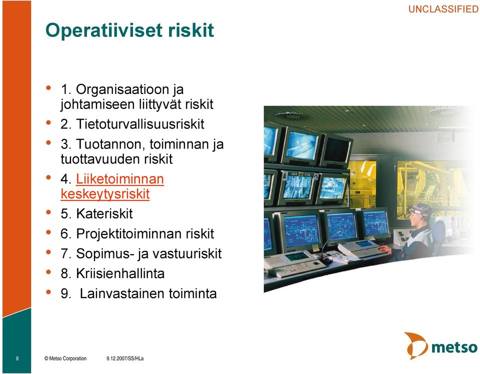 Liiketoiminnan keskeytysriskit 5. Kateriskit 6. Projektitoiminnan riskit 7.