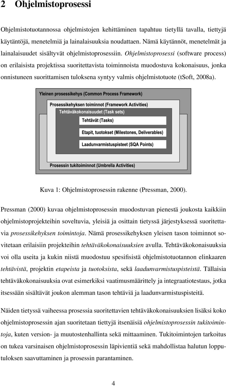 Ohjelmistoprosessi (software process) on erilaisista projektissa suoritettavista toiminnoista muodostuva kokonaisuus, jonka onnistuneen suorittamisen tuloksena syntyy valmis ohjelmistotuote (tsoft,