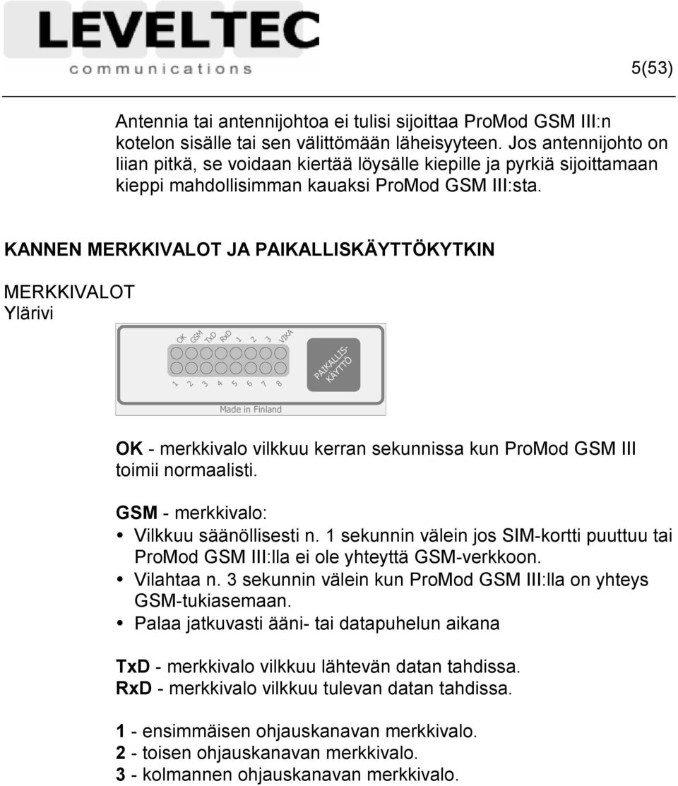 KANNEN MERKKIVALOT JA PAIKALLISKÄYTTÖKYTKIN MERKKIVALOT Ylärivi OK GSM TxD 1 RxD 2 1 3 2 4 3 5 VIKA 6 7 8 PAIKALLIS- KÄYTTÖ Made in Finland OK - merkkivalo vilkkuu kerran sekunnissa kun ProMod GSM