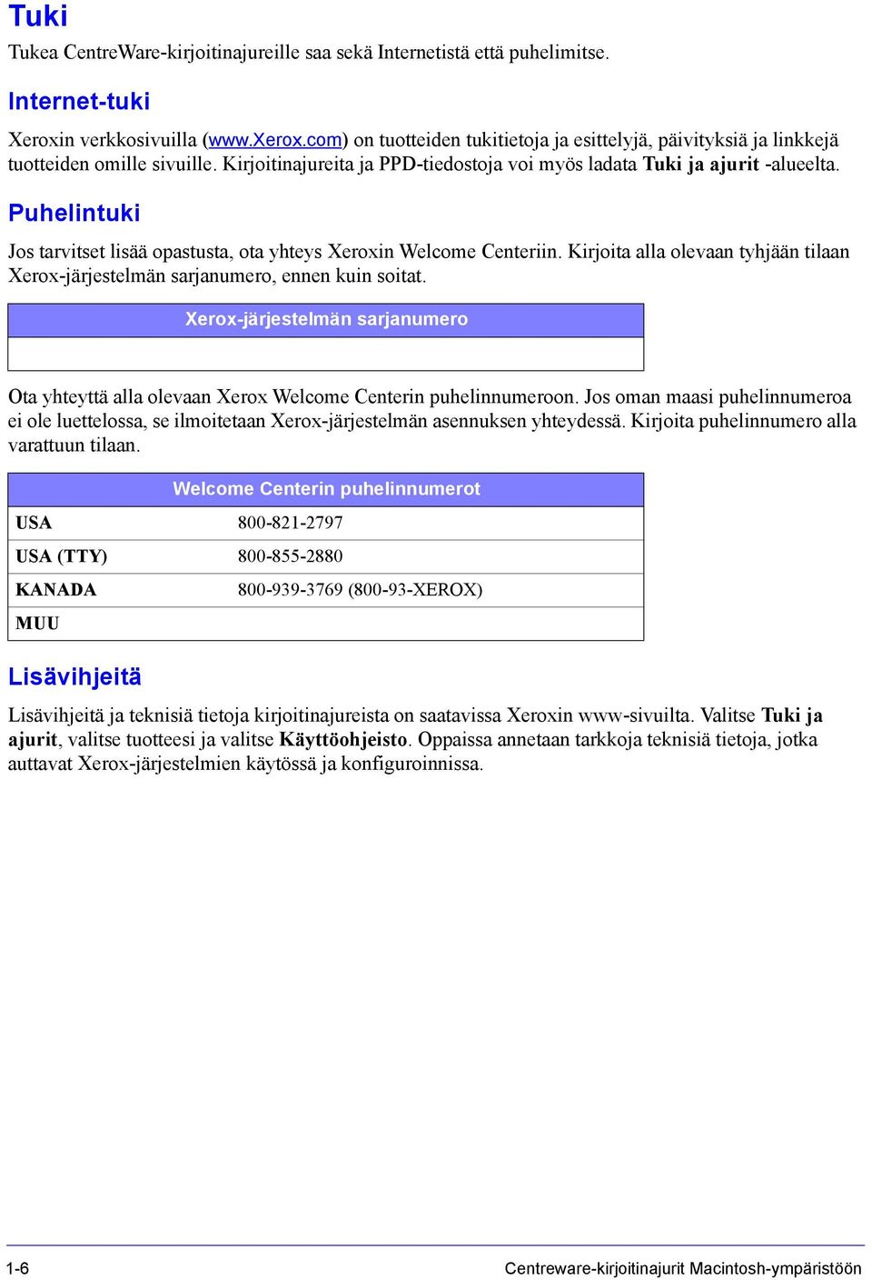 Puhelintuki Jos tarvitset lisää opastusta, ota yhteys Xeroxin Welcome Centeriin. Kirjoita alla olevaan tyhjään tilaan Xerox-järjestelmän sarjanumero, ennen kuin soitat.