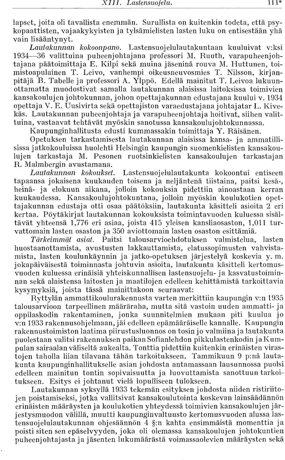 Huttunen, toimistoapulainen T. Leivo, vanhempi oikeusneuvosmies T. Nilsson, kirjanpitäjä B. Tabelle ja professori A. Ylppö. Edellä mainitut T.