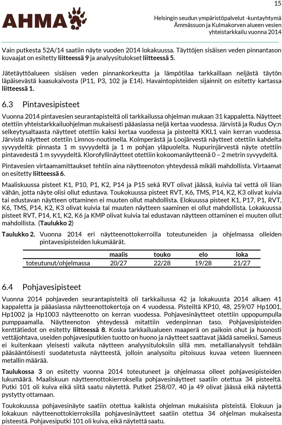 Havaintopisteiden sijainnit on esitetty kartassa liitteessä 1. 6.3 Pintavesipisteet Vuonna 214 pintavesien seurantapisteitä oli tarkkailussa ohjelman mukaan 31 kappaletta.